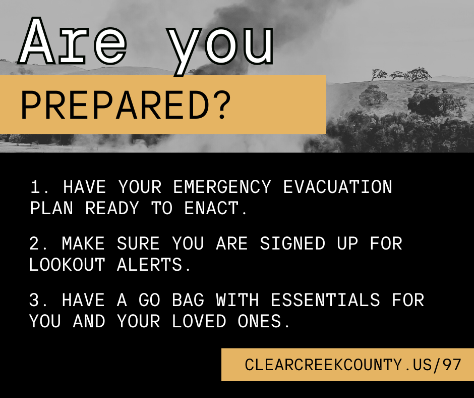 Black, White, and orange Minimalist Modern Emergency prep graphic with a wildfire in background.